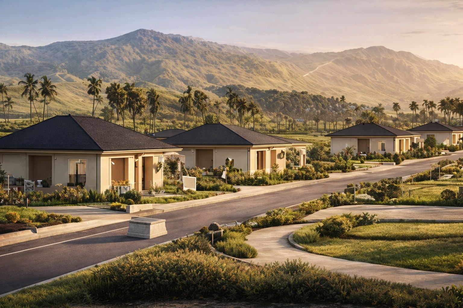 Masterplanned residential development surrounded by landscaped public space